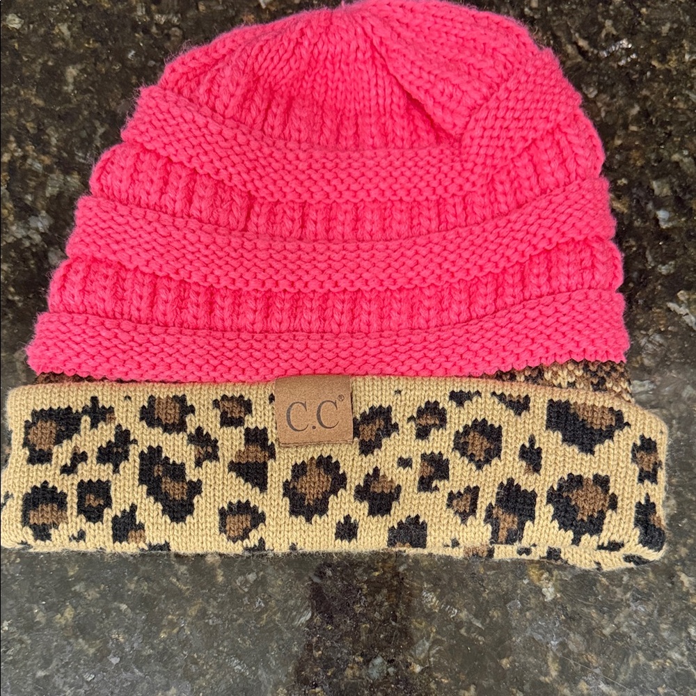 C.C  beanie Bright Pink and Leopard Print